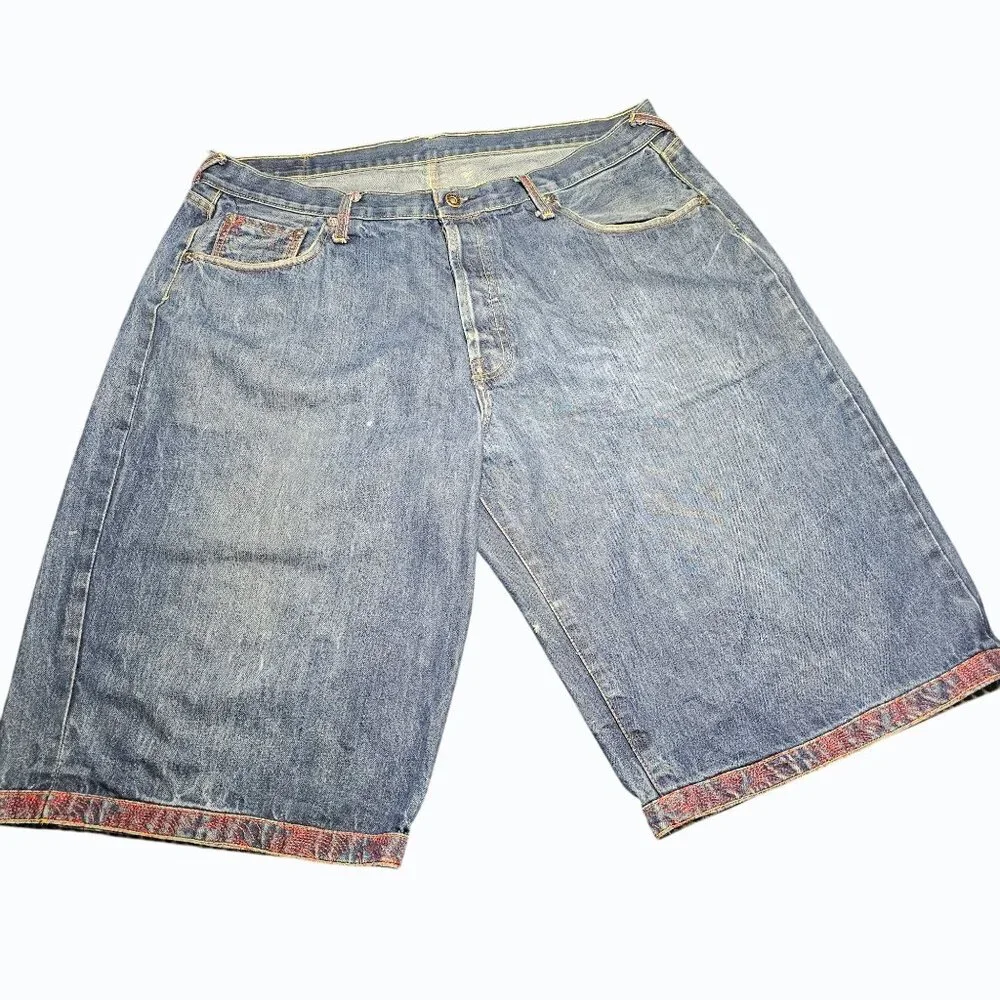 RMC Red Monkey Mens Jean Shorts 38 Denim Button Fly Embroidered Pocket & Hem Y2K